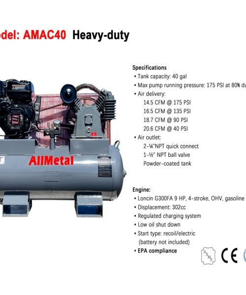 Heavy-duty air compressor with specifications on a white background