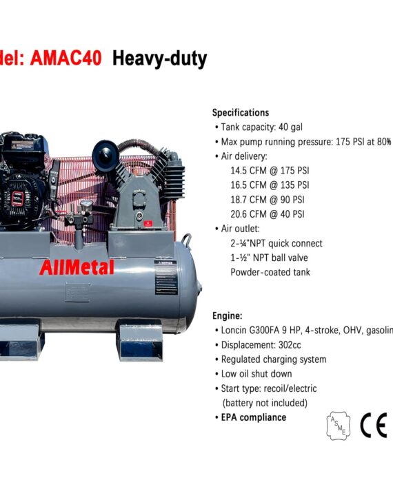 Heavy-duty air compressor with specifications on a white background