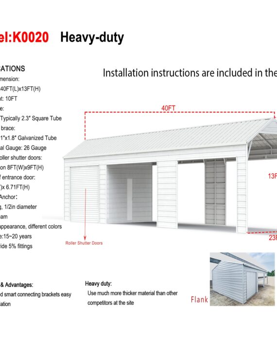 Heavy-duty metal building with specifications and installation instructions on a white background