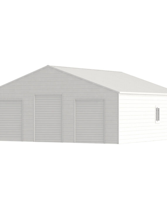 Large cream metal barn with three front roll-up doors and a side window.