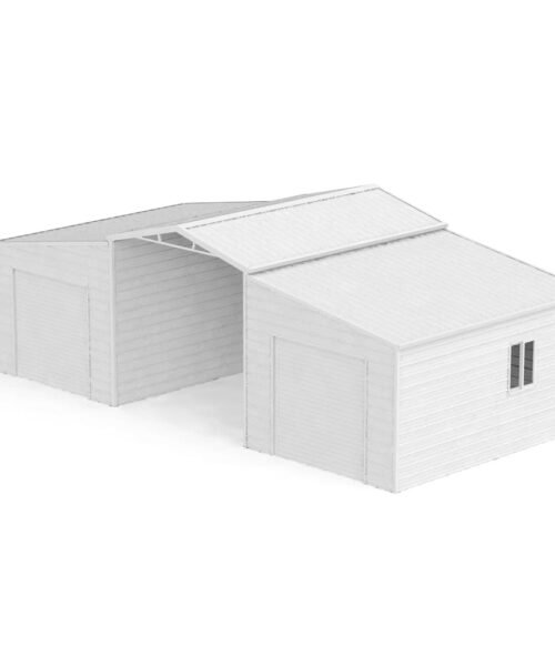 White metal storage shed with a slanted roof on a white background