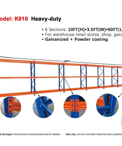 Heavy-duty pallet rack system with specifications and features on a white background