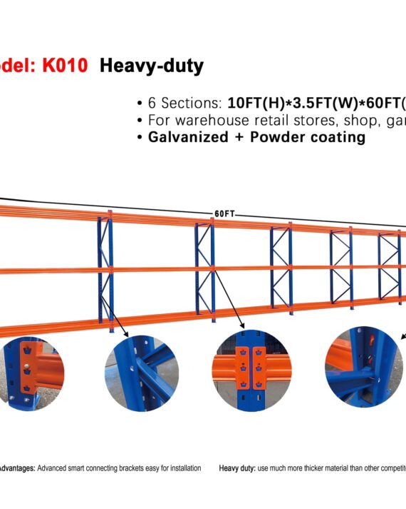 Heavy-duty pallet rack system with specifications and features on a white background