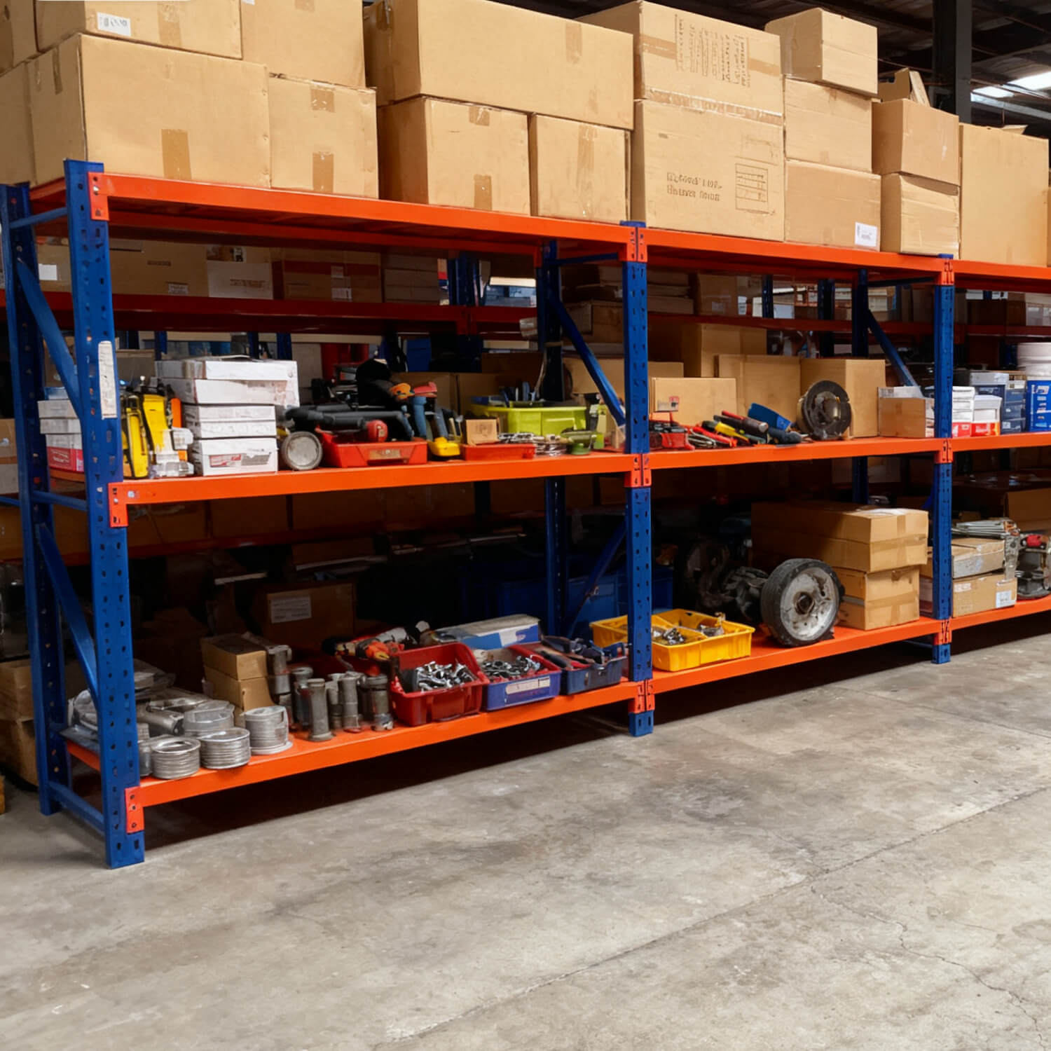 Heavy-duty pallet racking system with blue uprights and orange shelves in warehouse storing automotive parts tools cardboard boxes and equipment on multiple tier industrial storage