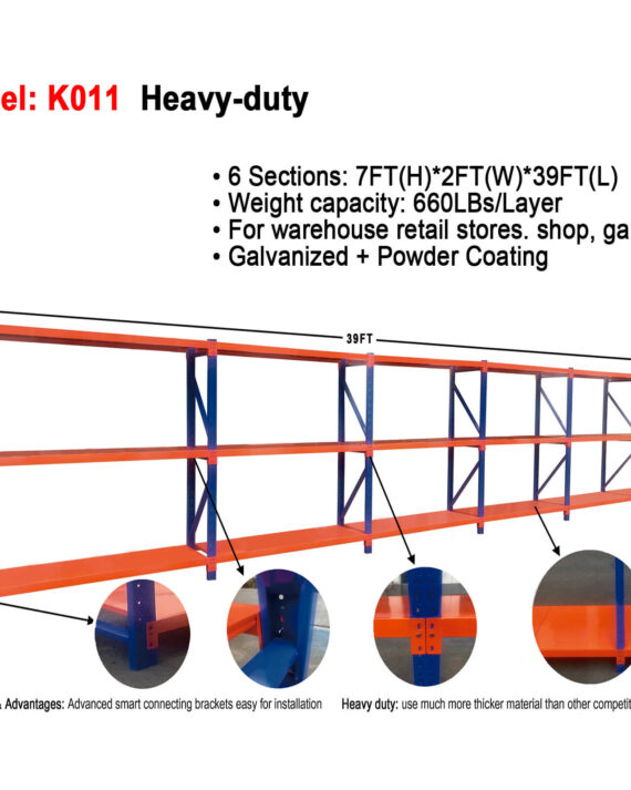 K011 heavy-duty pallet racking specifications showing 6 sections 7ft by 2ft by 39ft with 660 pound capacity galvanized powder coated warehouse storage system with detail views of connecting brackets