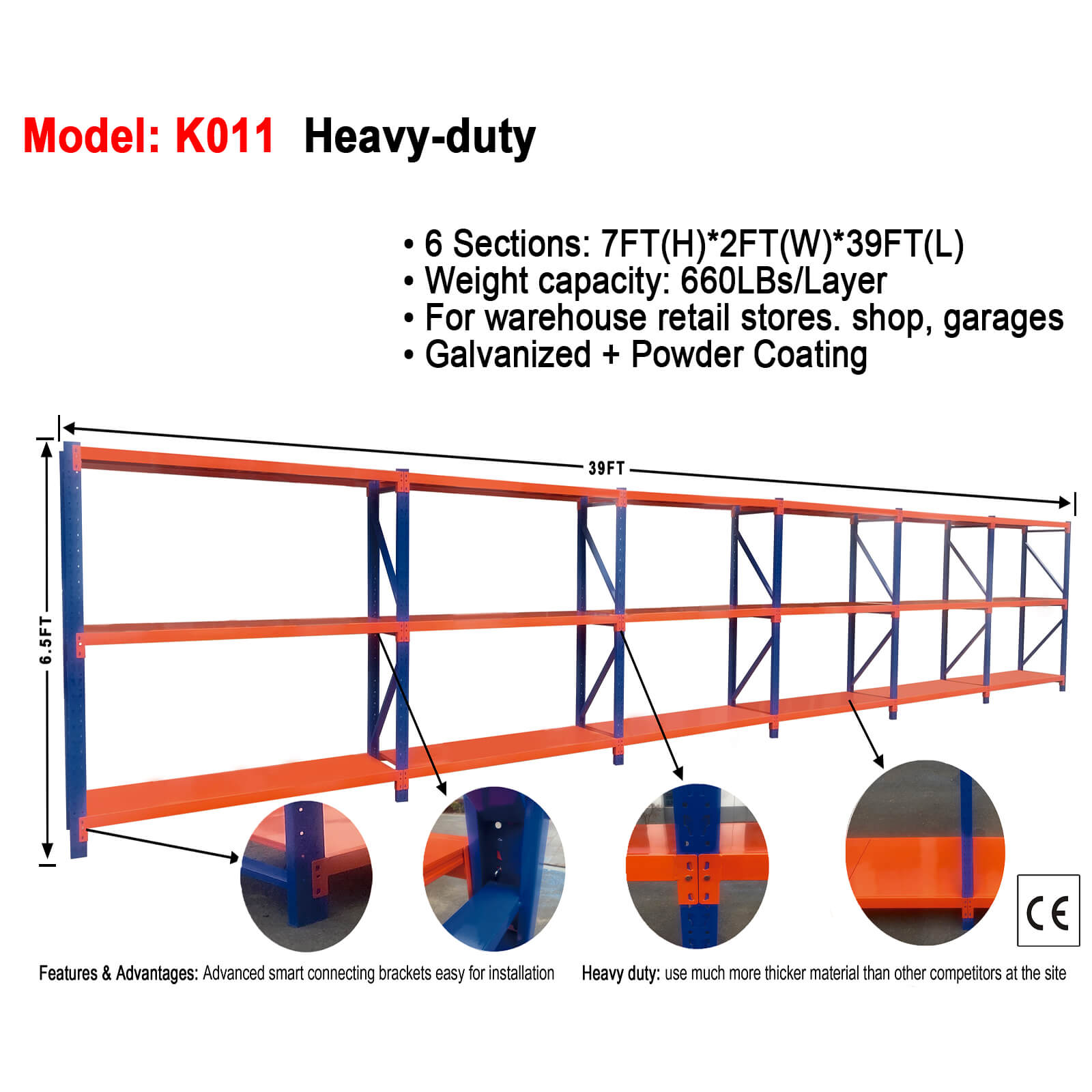 K011 heavy-duty pallet racking specifications showing 6 sections 7ft by 2ft by 39ft with 660 pound capacity galvanized powder coated warehouse storage system with detail views of connecting brackets