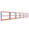 Industrial pallet racking system with blue uprights and orange beams multi-bay warehouse storage shelving for heavy-duty metal organizer