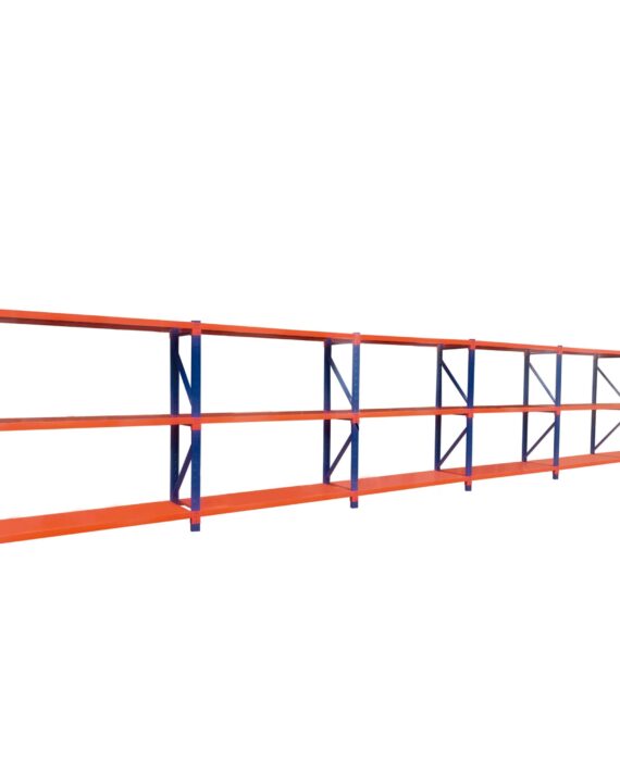Industrial pallet racking system with blue uprights and orange beams multi-bay warehouse storage shelving for heavy-duty metal organizer