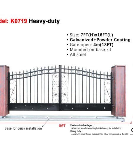 Heavy-duty metal gate with specifications on a white background