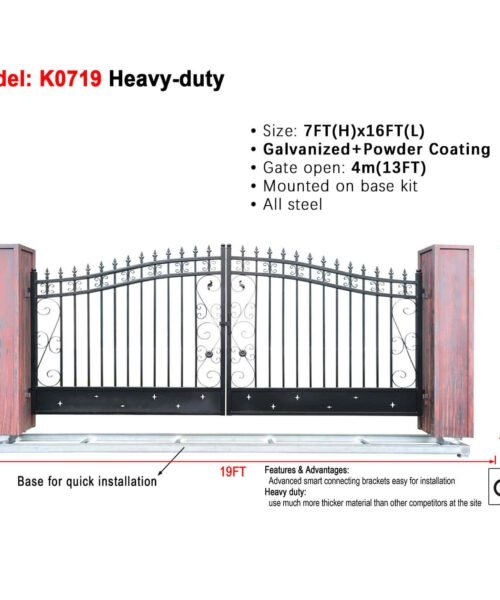 Heavy-duty metal gate with specifications on a white background