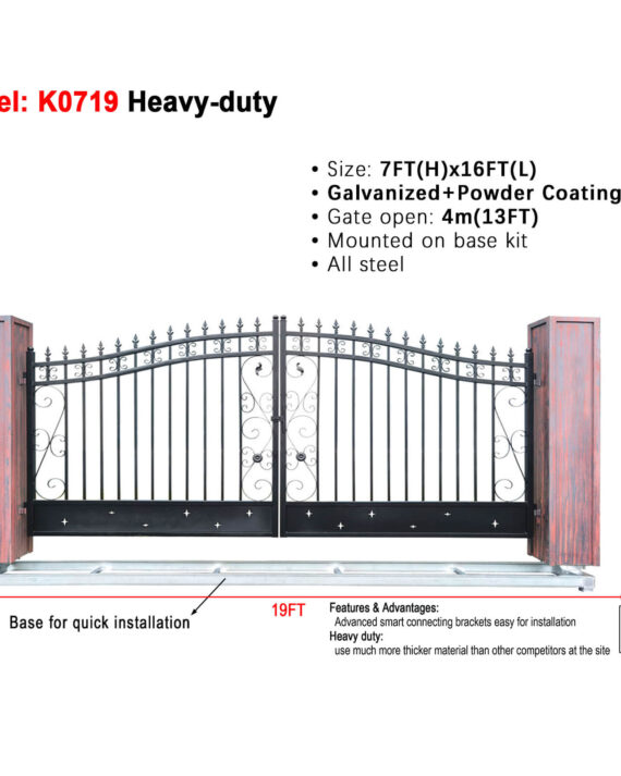 Heavy-duty metal gate with specifications on a white background