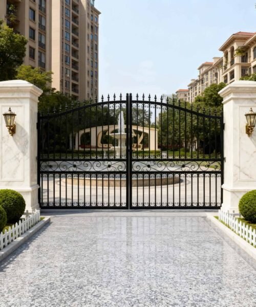 Elegant black wrought iron gate with marble pillars in a residential area.