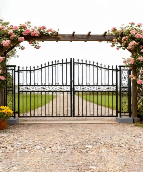 Decorative black metal gate with floral archway in a garden setting