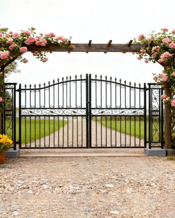 Decorative black metal gate with floral archway in a garden setting