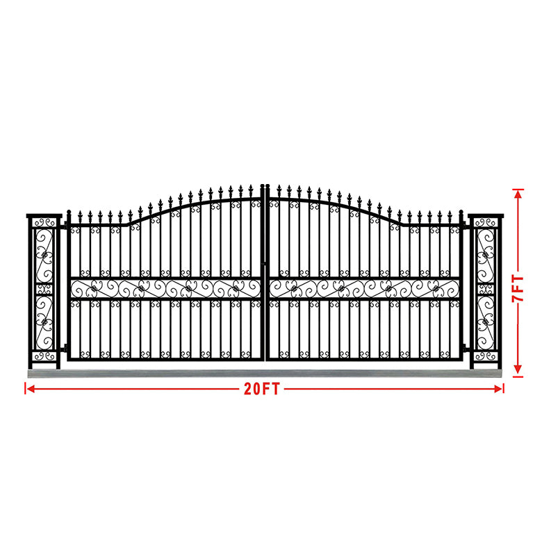 Wrought iron gate with decorative top and side elements, shown with dimensions on a white background.