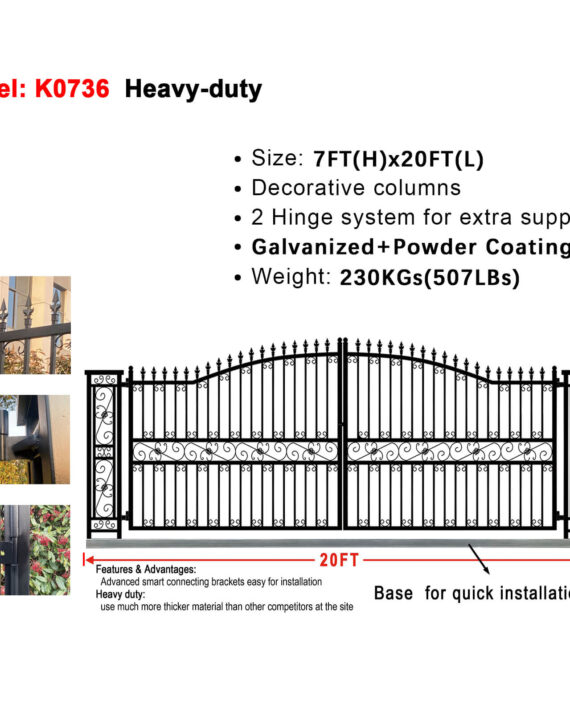 Heavy-duty gate with specifications and features on a white background