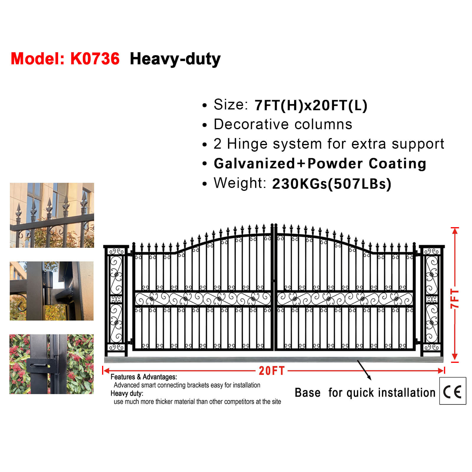 Heavy-duty gate with specifications and features on a white background