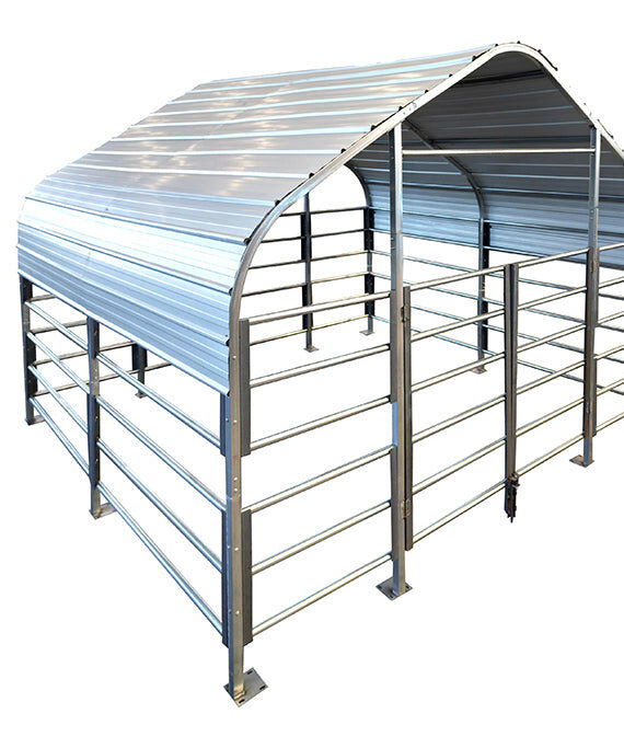 Metal livestock pen with a roof on a white background