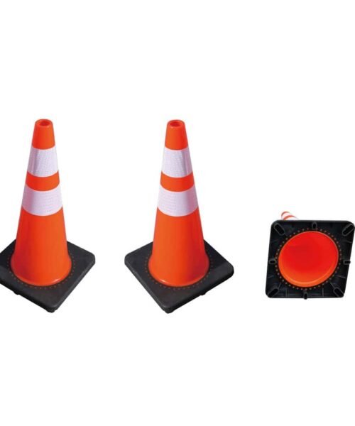 Two traffic cones with black bases and a reflective strip, alongside a square reflector on a white background.