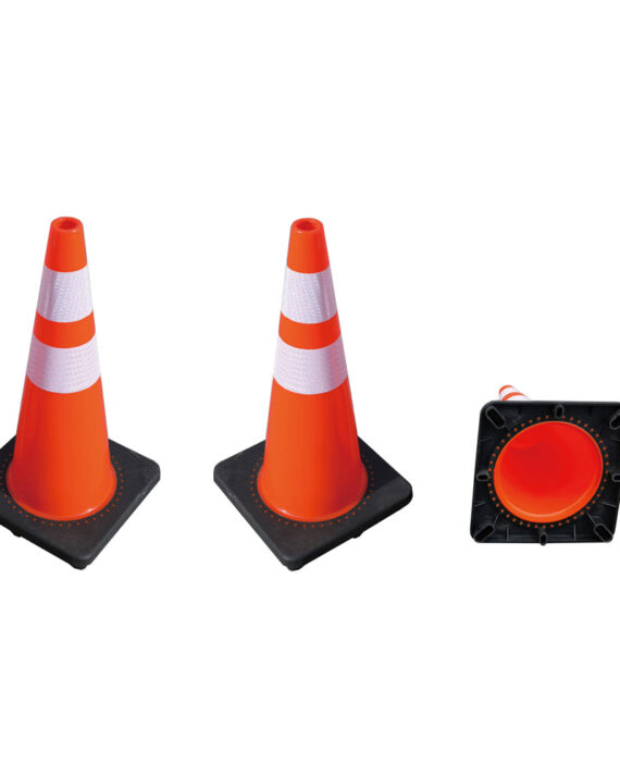 Two traffic cones with black bases and a reflective strip, alongside a square reflector on a white background.