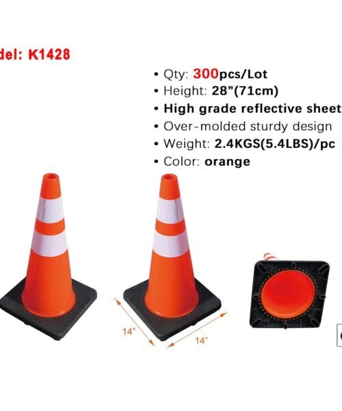 Orange traffic cones with specifications on a white background