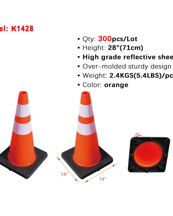 Orange traffic cones with specifications on a white background