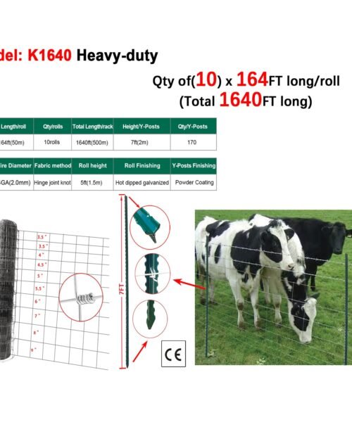 Heavy-duty fence roll with specifications and images of cows near the fence.