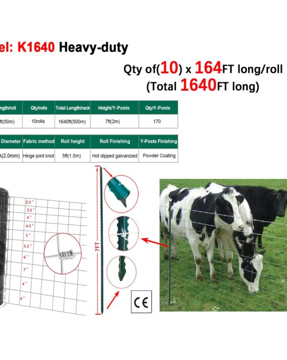 Heavy-duty fence roll with specifications and images of cows near the fence.