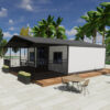 Modern modular home with outdoor furniture and palm trees in the background