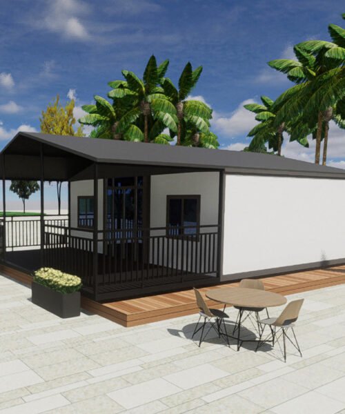 Modern modular home with outdoor furniture and palm trees in the background