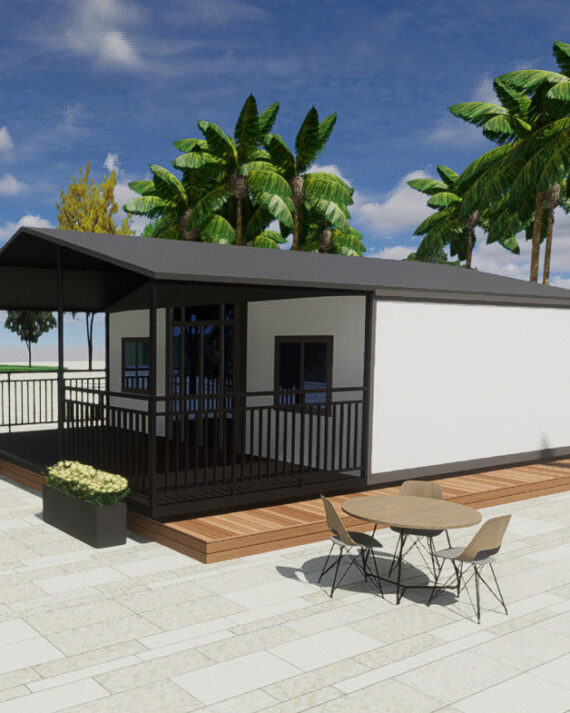 Modern modular home with outdoor furniture and palm trees in the background