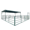 12ft by 24ft modular livestock shelter with green metal roof canopy and corral panel fencing for cattle and horse protection