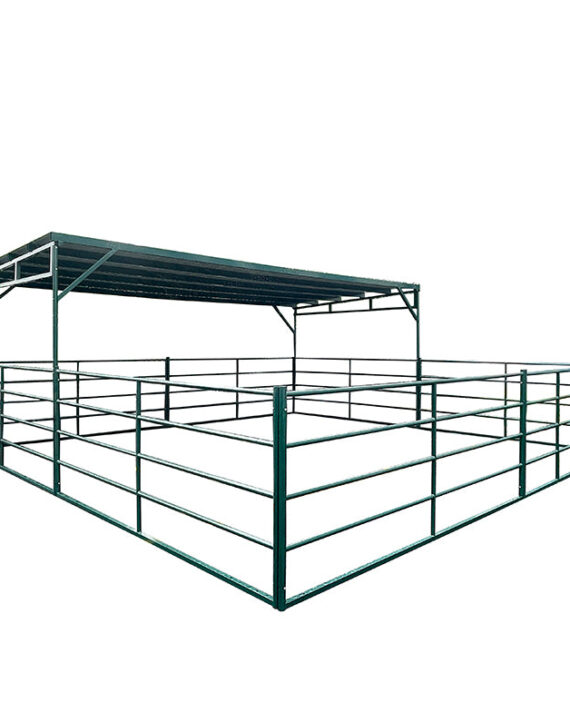 12ft by 24ft modular livestock shelter with green metal roof canopy and corral panel fencing for cattle and horse protection