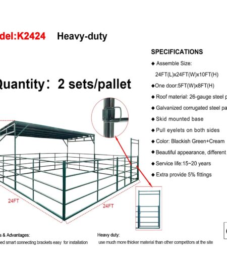 K2424 heavy-duty livestock shelter specifications showing 24ft by 24ft by 10ft dimensions with 26-gauge galvanized corrugated steel roof panels skid mounted base and 5ft by 8ft door detail views
