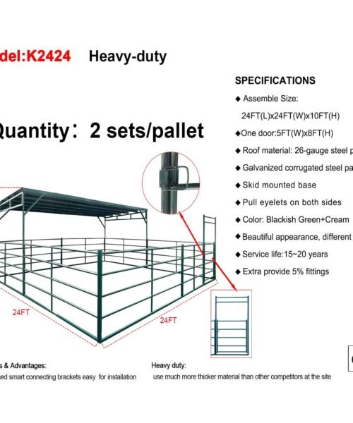K2424 heavy-duty livestock shelter specifications showing 24ft by 24ft by 10ft dimensions with 26-gauge galvanized corrugated steel roof panels skid mounted base and 5ft by 8ft door detail views
