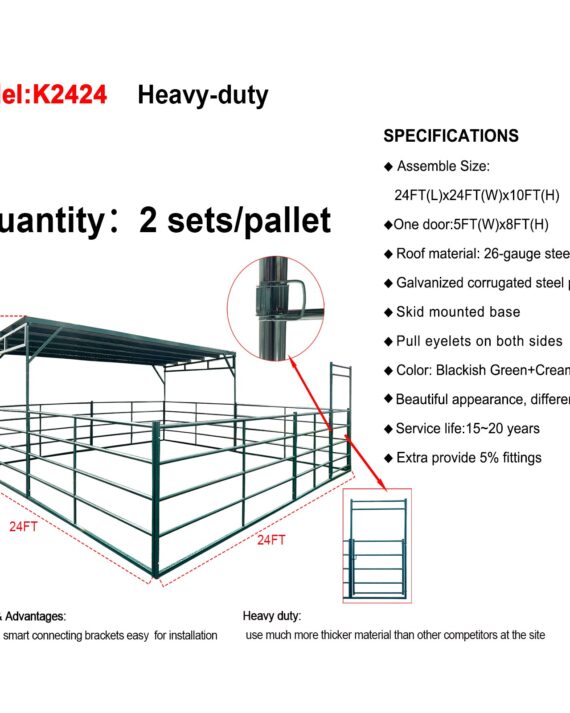 K2424 heavy-duty livestock shelter specifications showing 24ft by 24ft by 10ft dimensions with 26-gauge galvanized corrugated steel roof panels skid mounted base and 5ft by 8ft door detail views