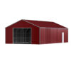 Red metal barn with a large door on a white background