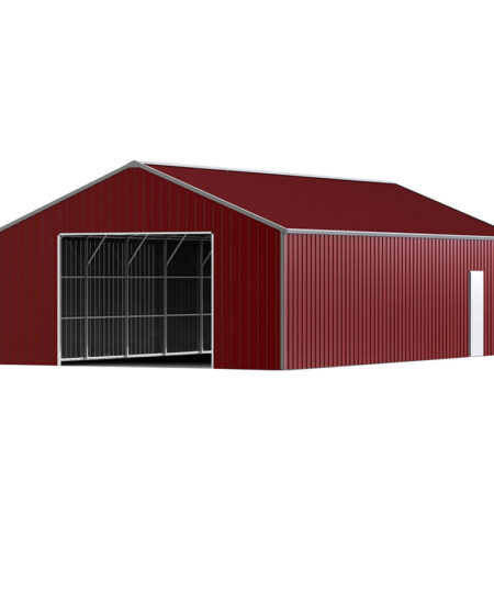 Red metal barn with a large door on a white background