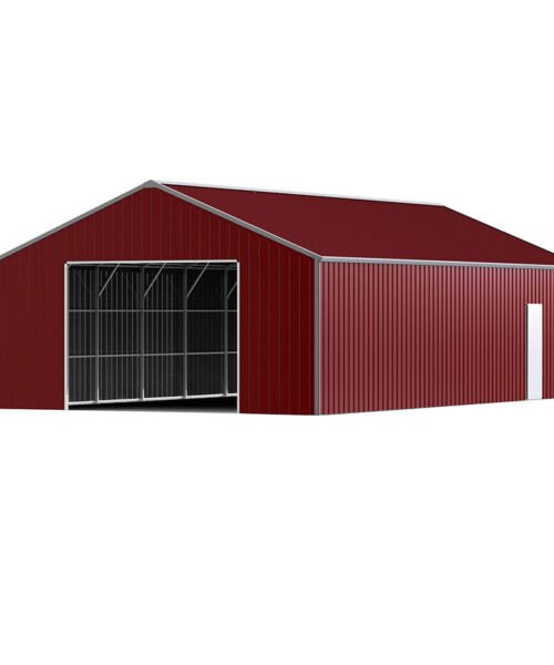 Red metal barn with a large door on a white background