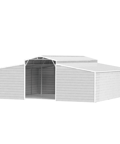 White metal storage shed with a pitched roof on a black background