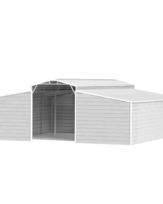 White metal storage shed with a pitched roof on a black background