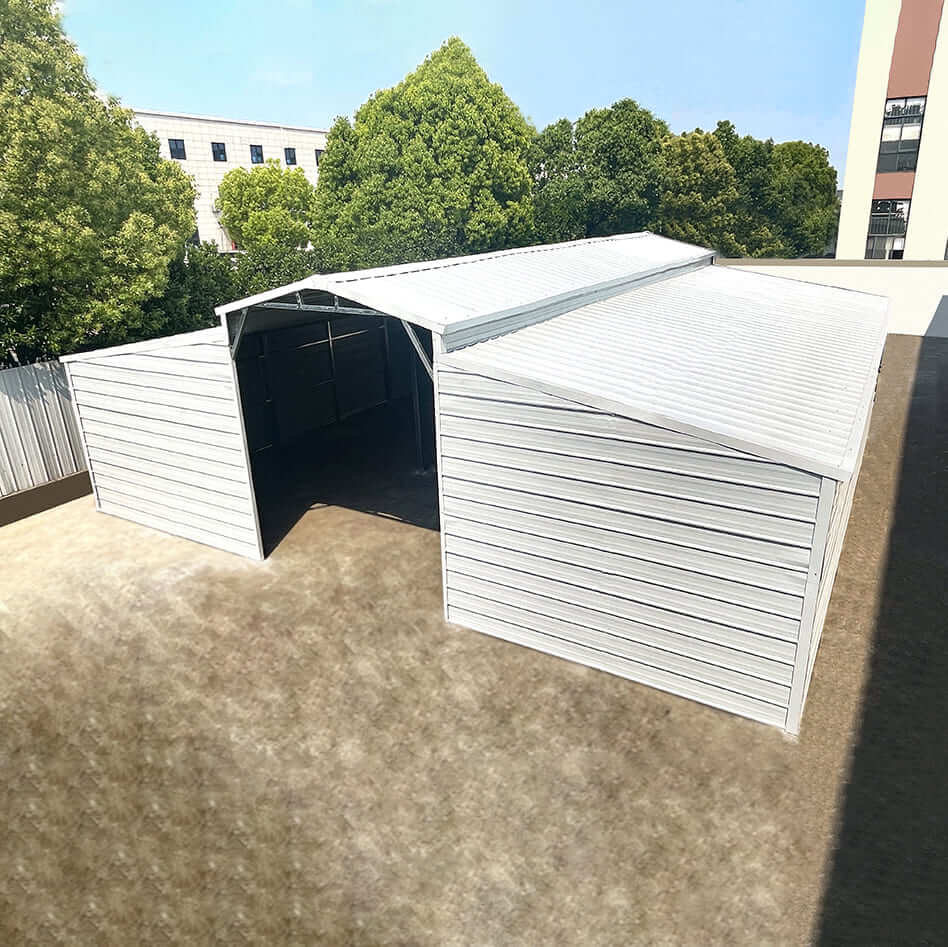 Metal storage shed on a concrete surface with trees and buildings in the background