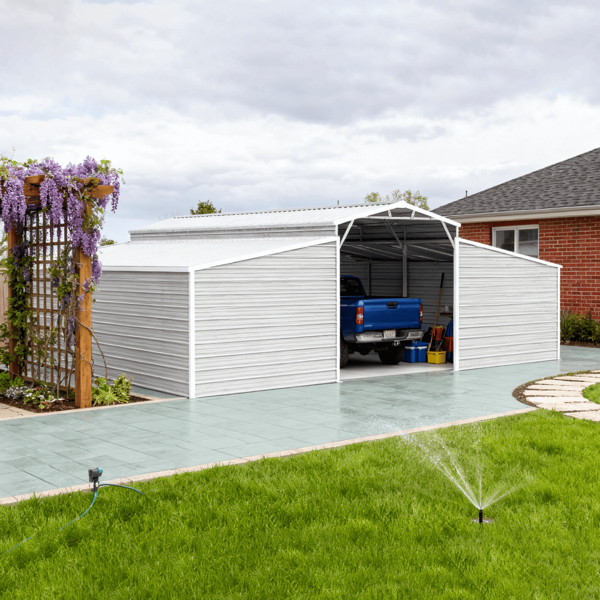 White metal carport with a blue truck inside, surrounded by green grass and a house in the background.