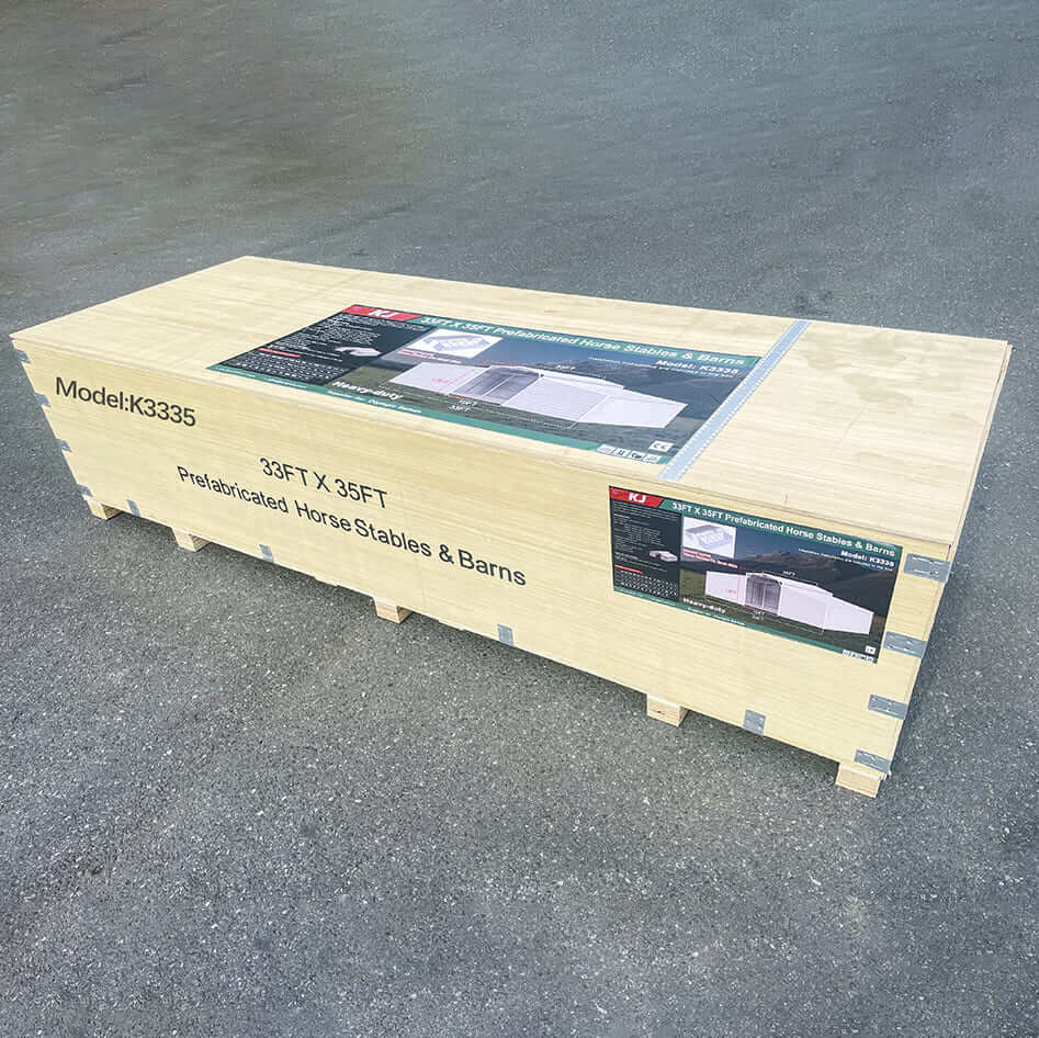 Pre-fabricated horse stables and barns packaging on a concrete floor