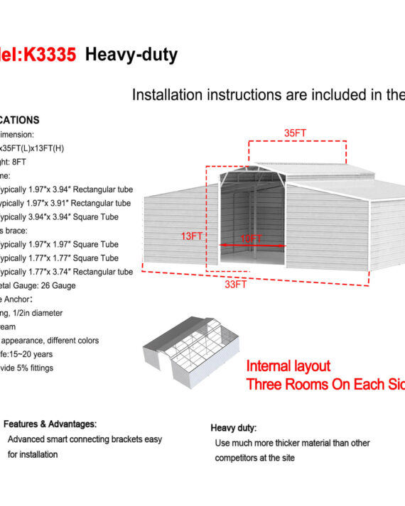 Heavy-duty metal storage shed with specifications and installation instructions on a white background