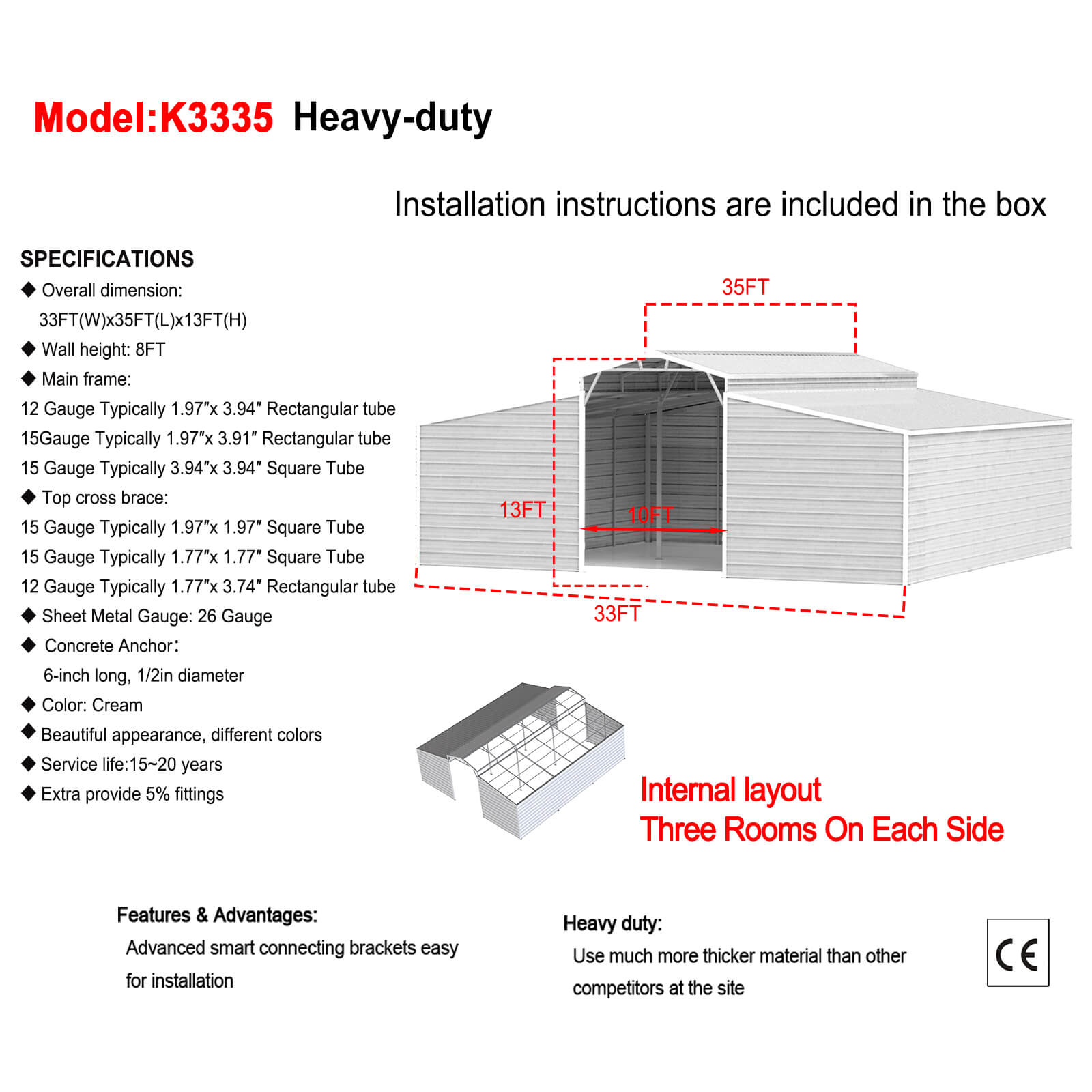 Heavy-duty metal storage shed with specifications and installation instructions on a white background