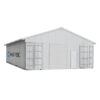 Metal storage building with 'NAFES' branding on a white background