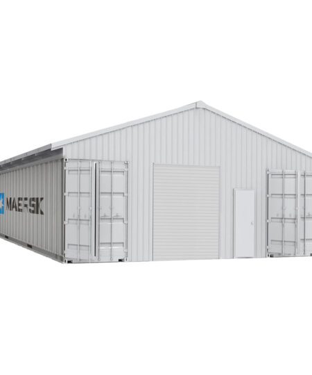 Metal storage building with 'NAFES' branding on a white background
