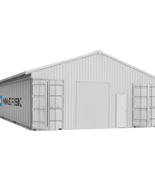 Metal storage building with 'NAFES' branding on a white background