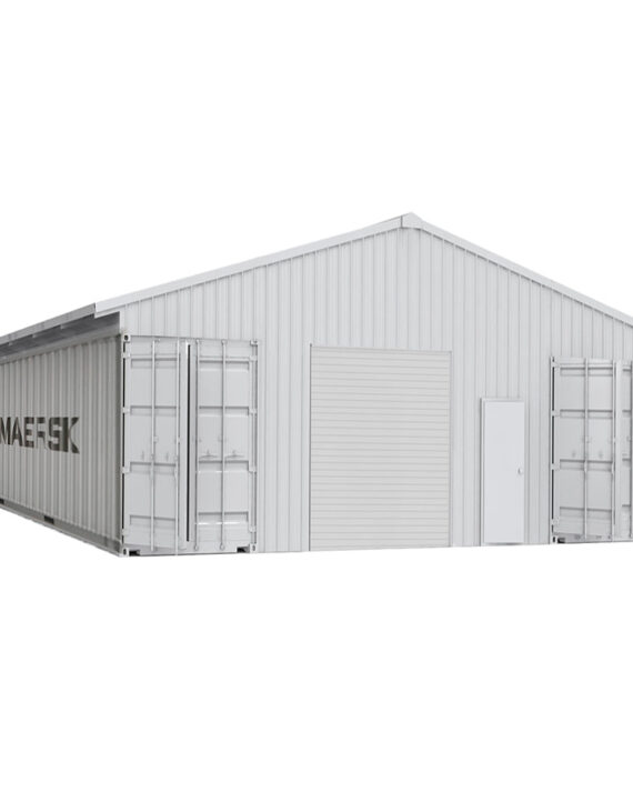 Metal storage building with 'NAFES' branding on a white background